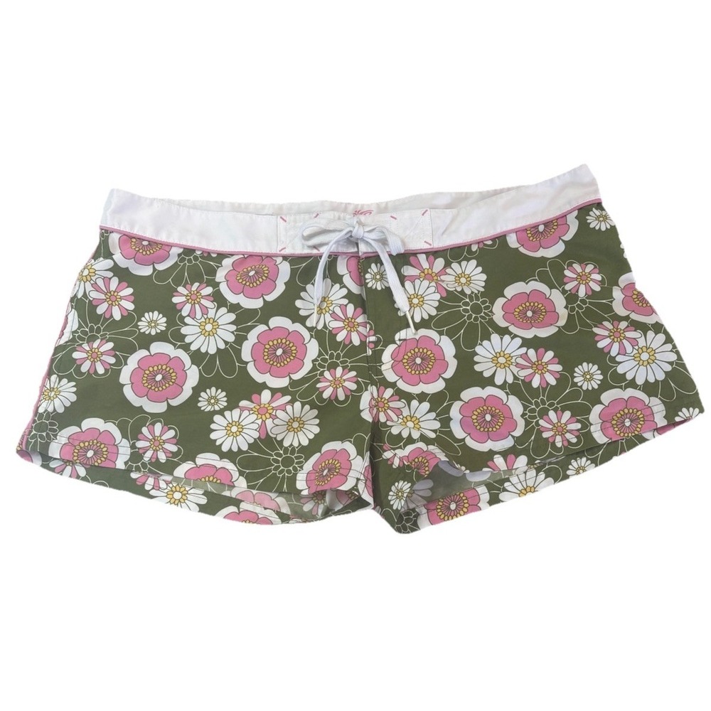 VTG Y2K Pink Sands Retro Daisy Floral Board Shorts Olive Green Swim Trunks LG